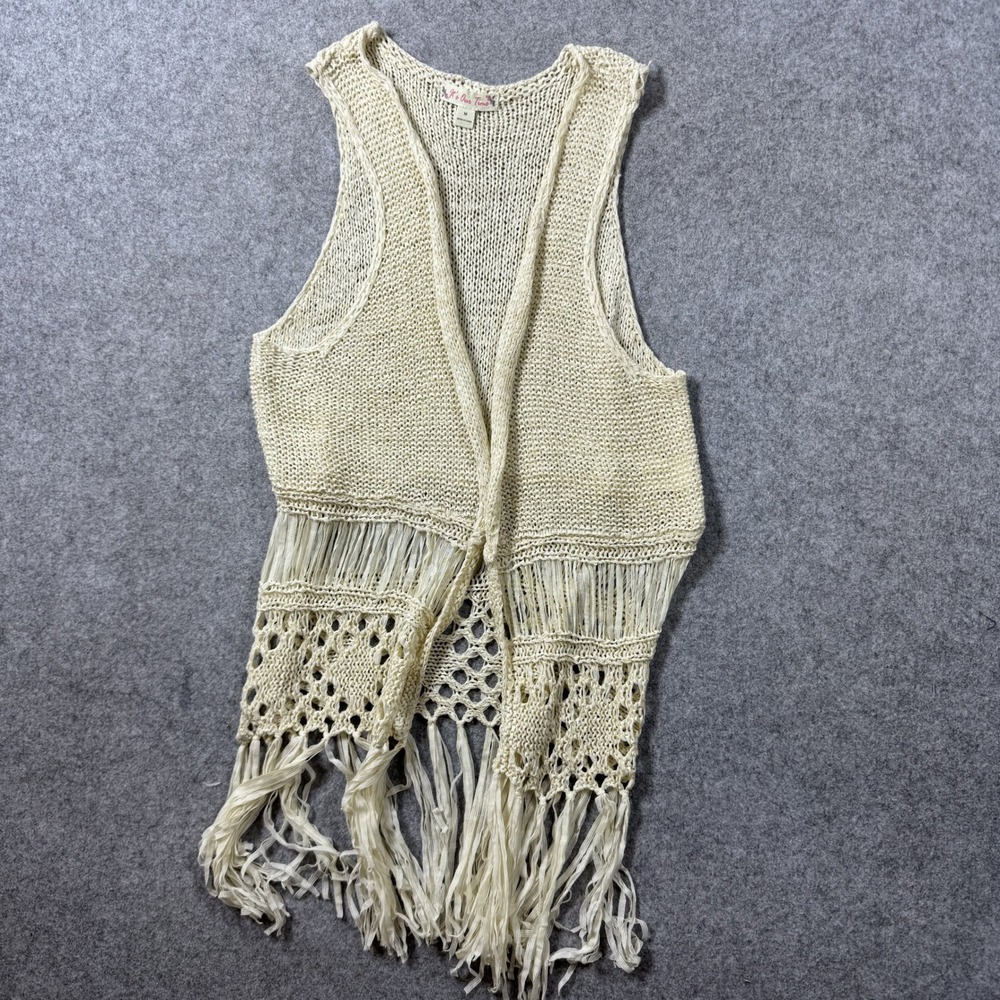 It's Our Time Womens Crochet Fringe Vest Medium Cream Open Knit Boho